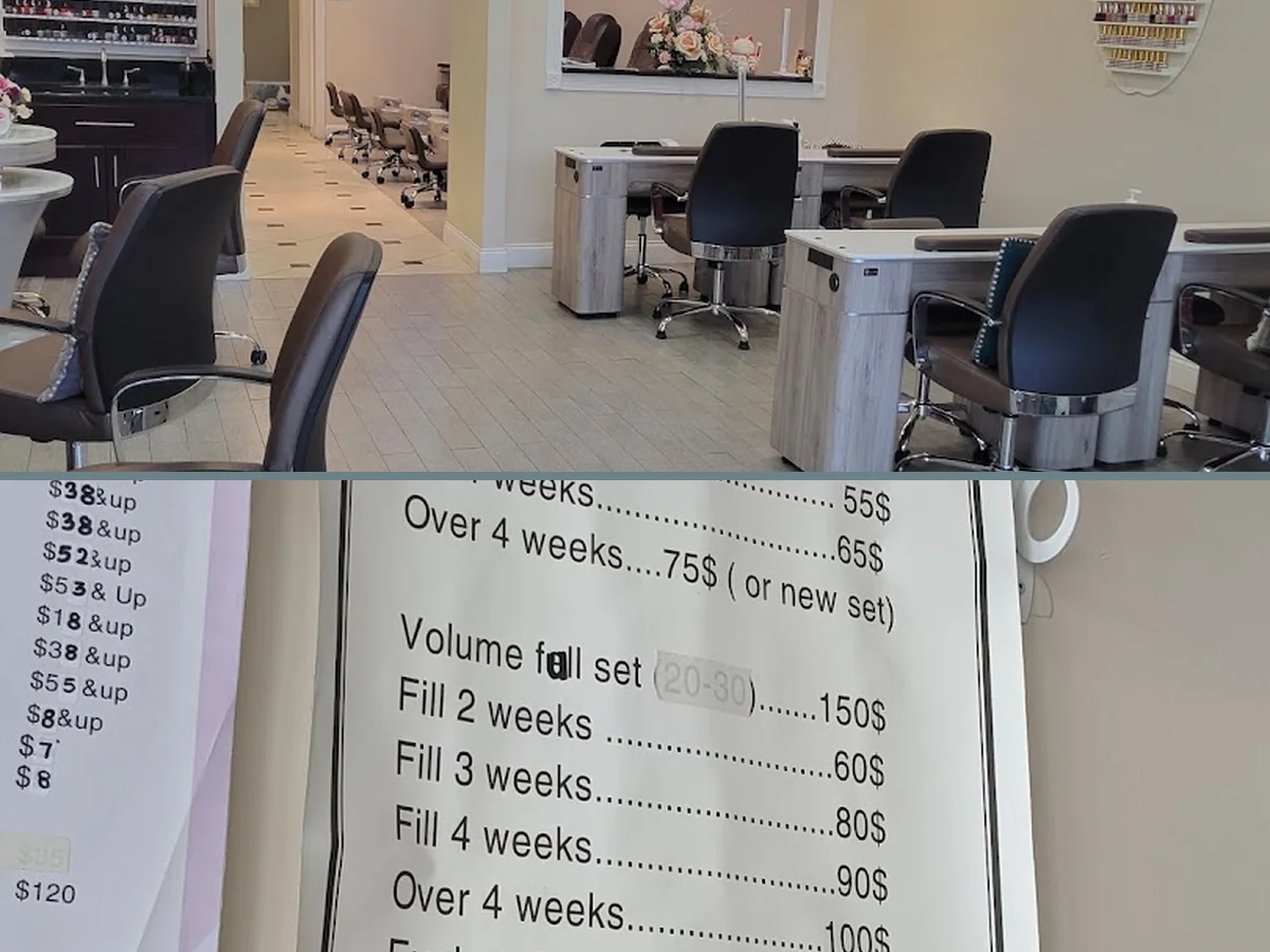 Pedicure chairs and polished station surfaces.