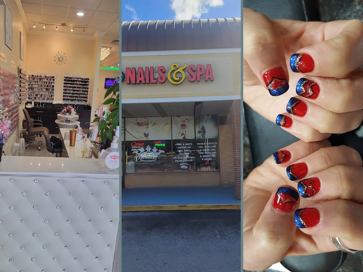 Acrylic nail sets arranged inside the salon.