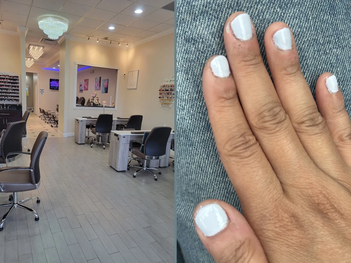 Clean salon interior with nail care stations.