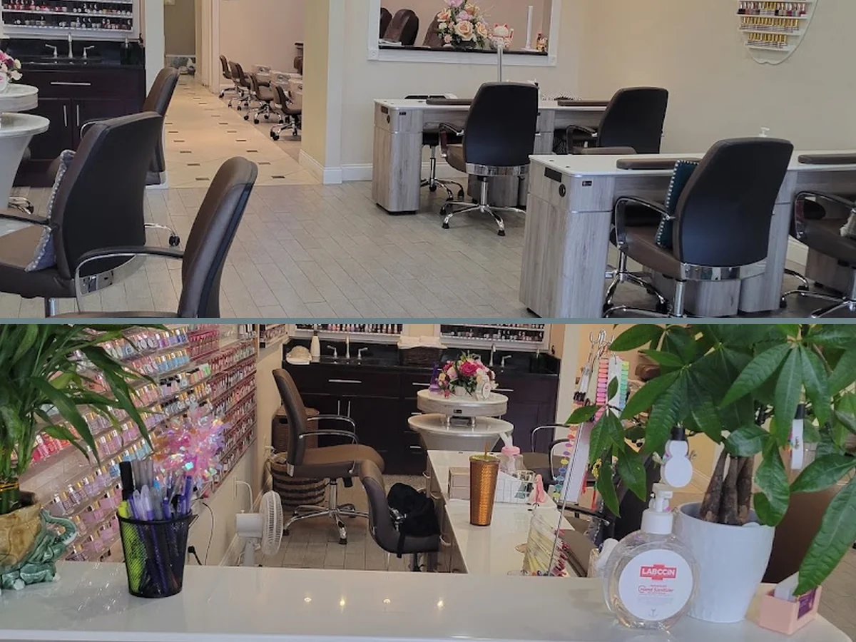 Pedicure chairs and polished station surfaces.